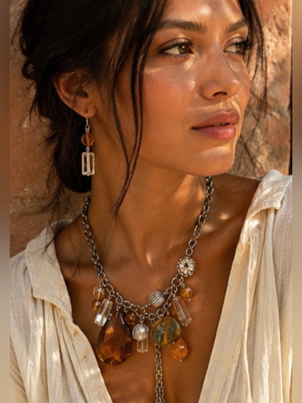 Artisan Boho Statement Necklace & Matching Earrings Set | Earthy Mixed Media